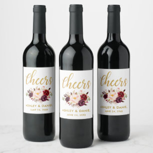 Watercolor Floral Burgundy Gold Wedding Cheers Wine Label