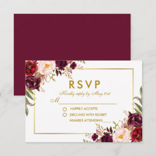 Watercolor Floral Burgundy Gold Wedding RSVP B Card