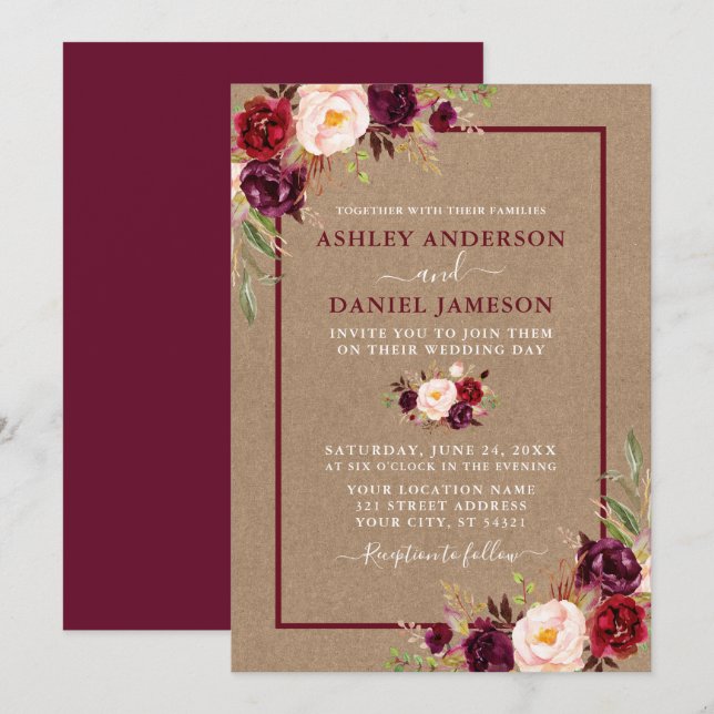Watercolor Floral Burgundy Kraft Wedding Invitation (Front/Back)
