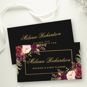 Watercolor Floral Burgundy Marsala Gold Black Business Card