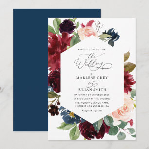 watercolor floral burgundy navy blue wedding invitation