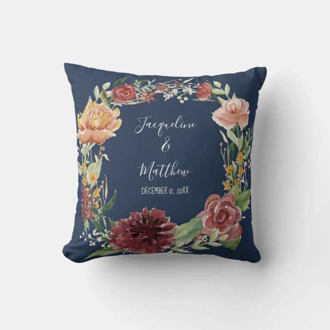 Watercolor Floral Burgundy Roses Ring Bearer Throw Pillow (Front)