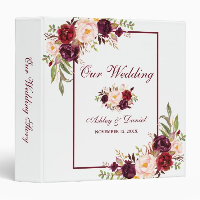Watercolor Floral Burgundy Wedding Binder (Front/Spine)
