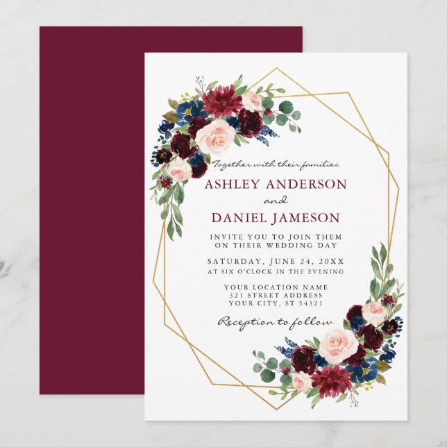 Watercolor Floral Burgundy Wedding Geometric Gold Invitation (Front/Back)