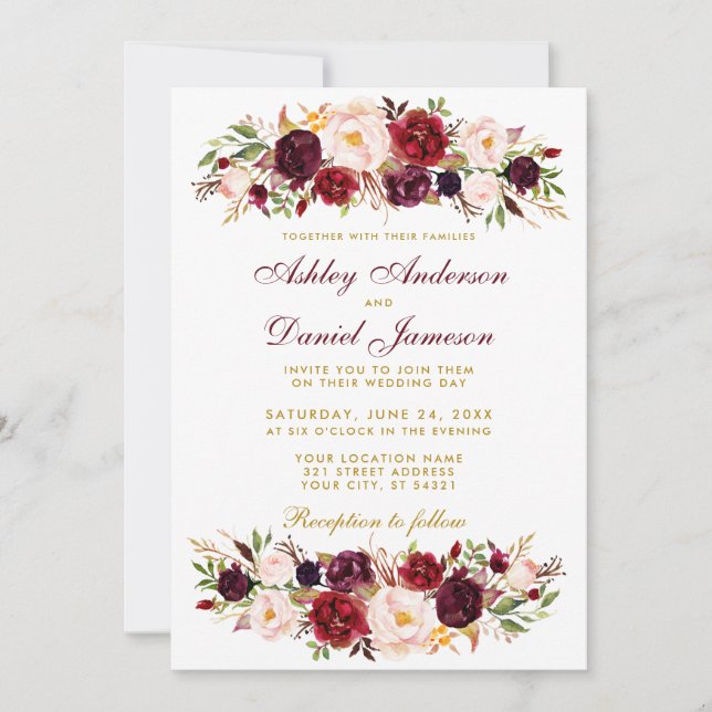 Watercolor Floral Burgundy Wedding Invitation BGW (Front)