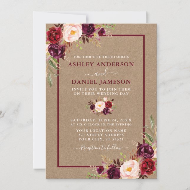 Watercolor Floral Burgundy Wedding Kraft Invitation (Front)