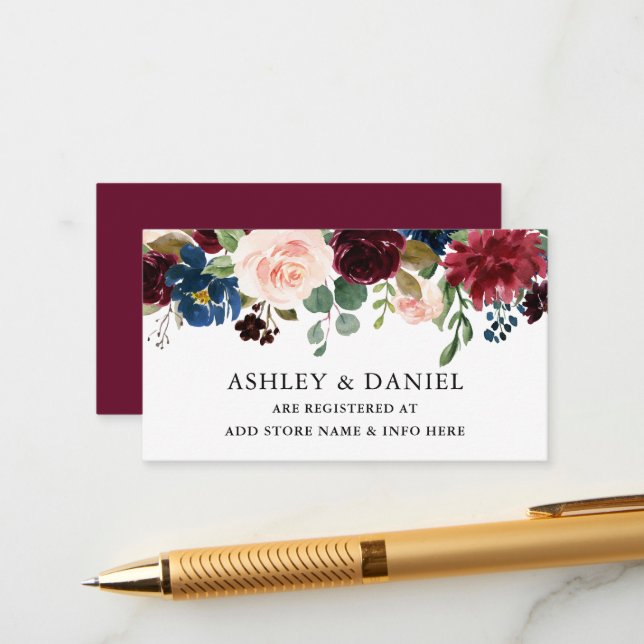 Watercolor Floral Burgundy Wedding Registry Enclosure Card (Front/Back In Situ)