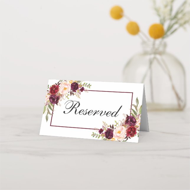 Watercolor Floral Burgundy Wedding Reserved Place Card (Back)