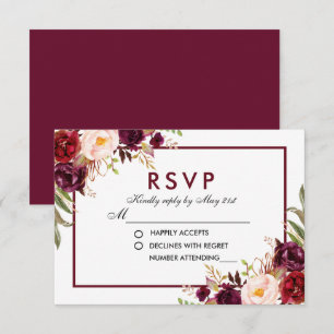 Watercolor Floral Burgundy Wedding RSVP B Card