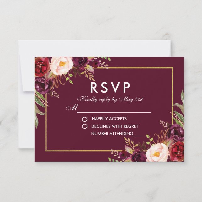 Watercolor Floral Burgundy Wedding RSVP BG (Front)