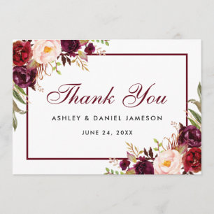 Watercolor Floral Burgundy Wedding Thank You B Card