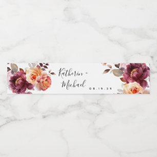 Watercolor Floral Burgundy Wedding Water Bottle Label