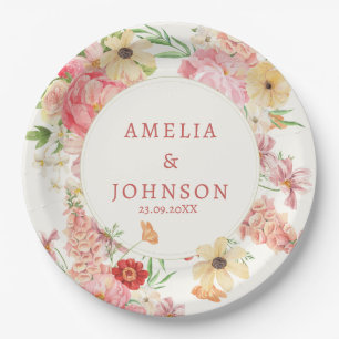 Watercolor floral butter cream wedding couple name paper plate