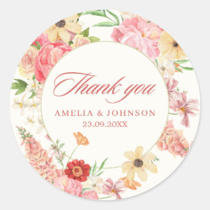 Watercolor floral butter cream wedding thankyou classic round sticker