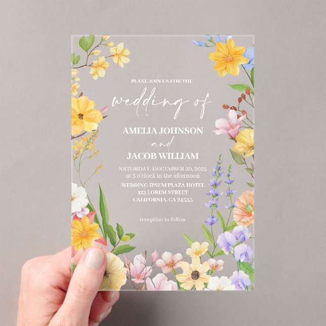 Watercolor floral butter yellow botanical Wedding Acrylic Invitations (Insitu (Handheld))