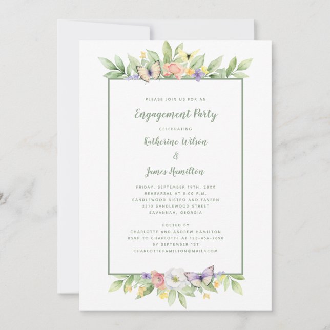 Watercolor Floral Butterflies Engagement Party  Invitation (Front)