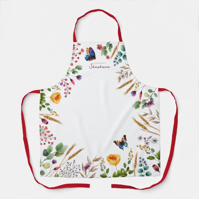 Watercolor Floral Butterfly Script Name Baker's Apron (Front)