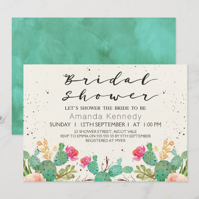 Watercolor Floral Cactus Bridal Shower Invitation (Front/Back)