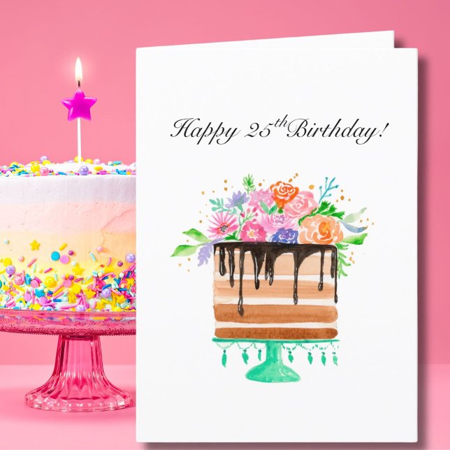 Watercolor Floral Cake Happy 25th Birthday  Holiday Card (Creator Uploaded)
