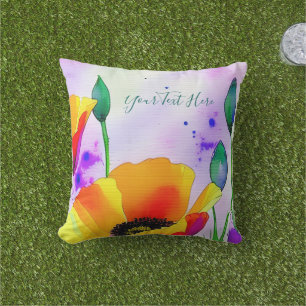 Watercolor Floral California Poppies Orange Yellow Outdoor Pillow