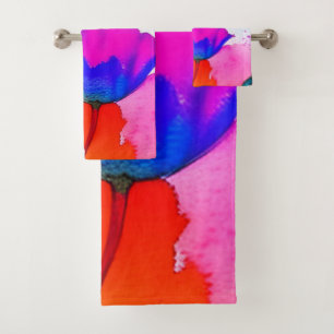 Watercolor Floral California Poppy Pink Blue Bath Towel Set