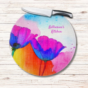 Watercolor Floral California Poppy Pink Blue Cutting Board