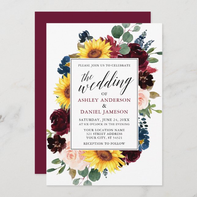 Watercolor Floral Calligraphy Burgundy Wedding Invitation (Front/Back)