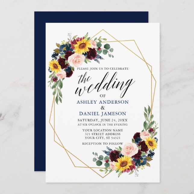 Watercolor Floral Calligraphy Geometric Wedding Invitation (Front/Back)