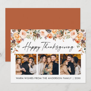 Watercolor Floral Calligraphy Thanksgiving 3 Photo Holiday Card