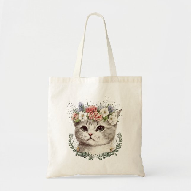 Watercolor Floral Cat Cute Tote Bag (Front)