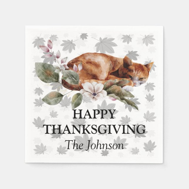 Watercolor Floral Cat Maple Leaves Thanksgiving Napkin (Front)