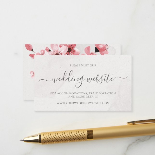 Watercolor Floral Cherry Blossom Wedding Website Enclosure Card (Front/Back In Situ)