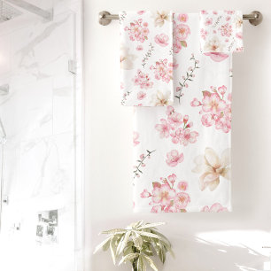 Watercolor Floral Chery Blossom floral pattern Bath Towel Set
