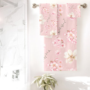 Watercolor Floral Chery Blossom floral pattern Bath Towel Set