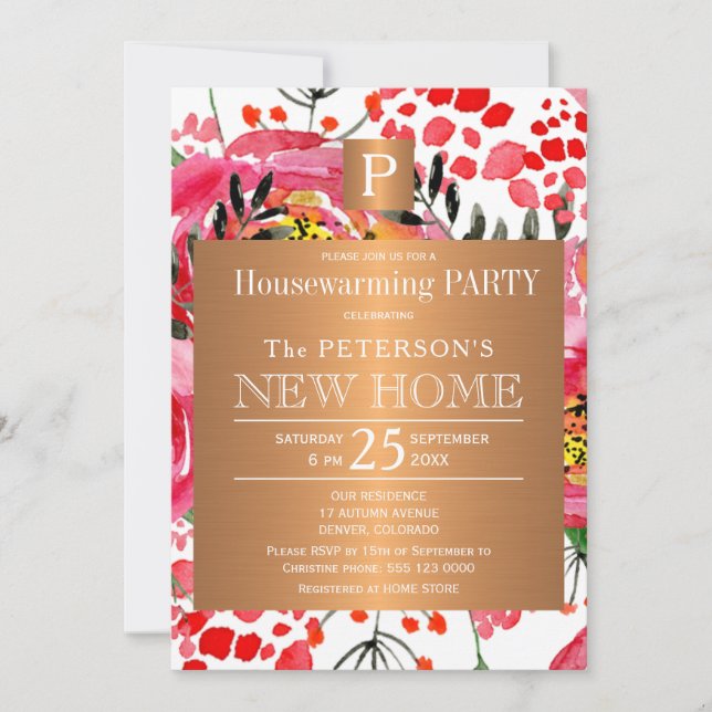 Watercolor floral chic monogram housewarming party invitation (Front)