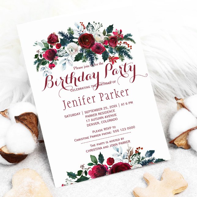 Watercolor floral chic winter birthday party invitation (Creator Uploaded)