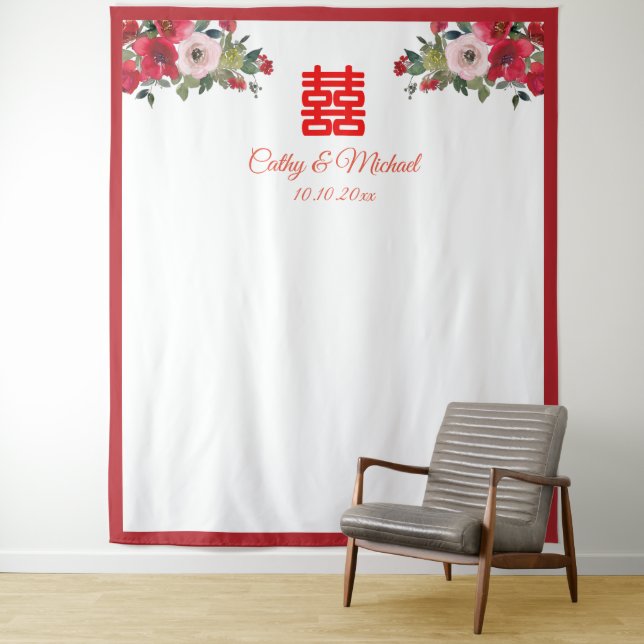 Watercolor floral Chinese wedding photo backdrop Tapestry (In Situ)