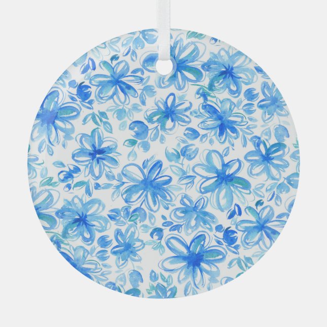 Watercolor Floral Chintz Cute Pattern Glass Ornament (Front)