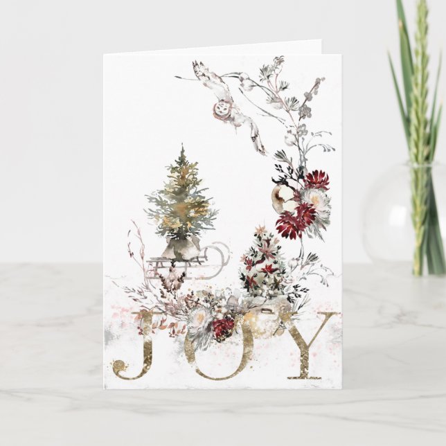Watercolor Floral Christmas Joy Holiday Card (Front)