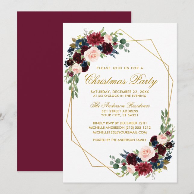 Watercolor Floral Christmas Party Gold Frame Invitation (Front/Back)