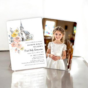 Watercolor Floral Church First Holy Communion Invitation