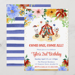 Watercolor Floral Circus Animals Birthday Party Invitation
