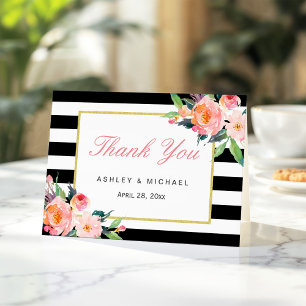 Watercolor Floral Classic Black Stripes Thank You