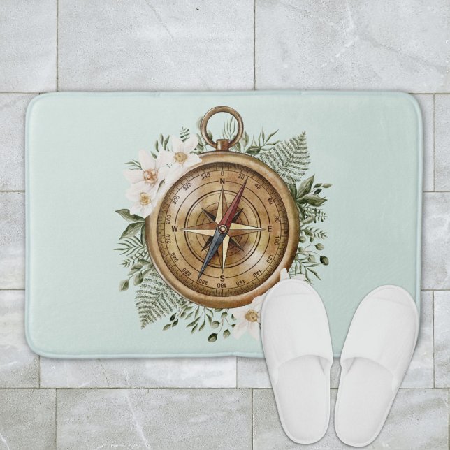 Watercolor Floral Compass Bath Mat (In situ bathroom floor)