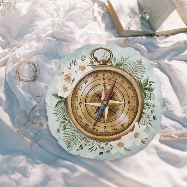 Watercolor Floral Compass Kids Nursery Round Pillow (In situ under sunlight)