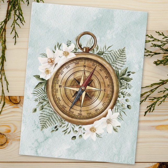 Watercolor Floral Compass Postcard (Close up on wood)