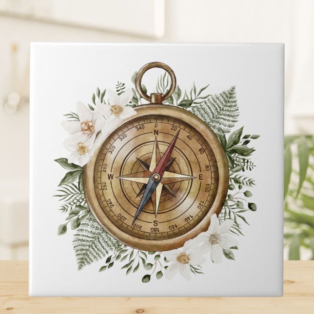 Watercolor Floral Compass Tile (Close up bathroom)