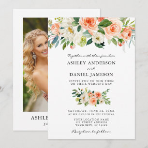 Watercolor Floral Coral Greenery Photo Wedding Invitation