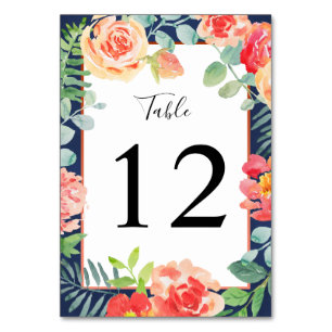 Watercolor Floral Coral Navy Foliage Wedding Table Number