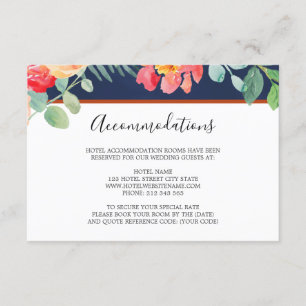 Watercolor Floral Coral Navy Wedding Accommodation Enclosure Card